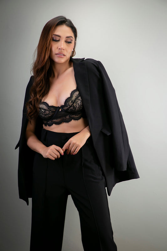 Conjunto blazer manga larga silueta over size + pantalón bota recta
